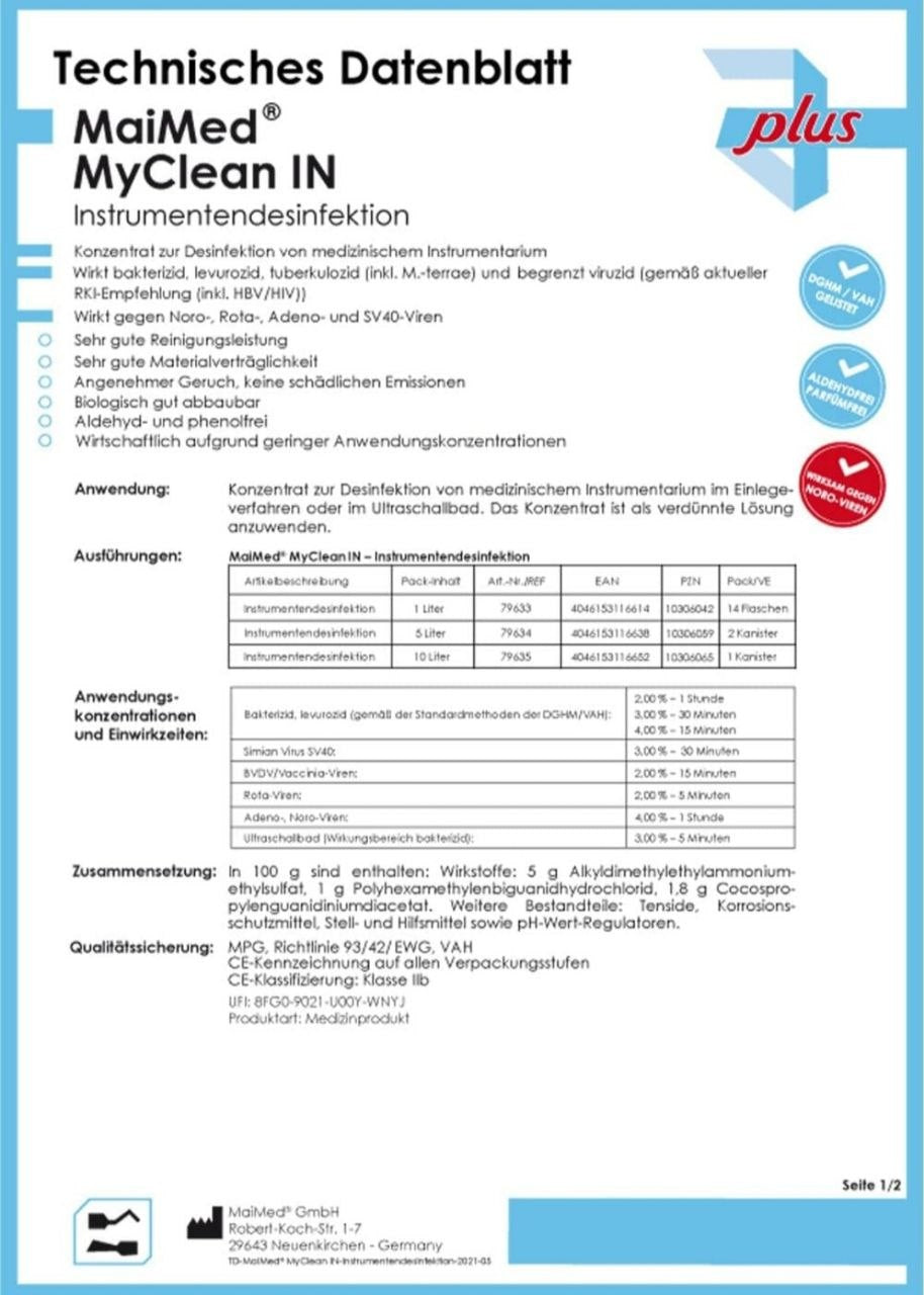 Maimed MyClean IN Instrument Disinfectant Ultrasonic Cleaner Steriliser for Instruments in Ultrasonic Bath 1L Concentrate